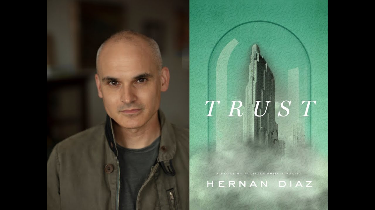 Author Hernan Diaz with the cover of his book Trust 