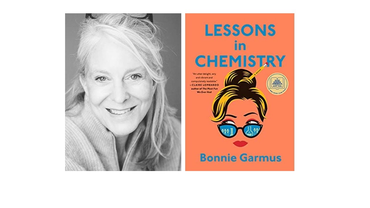Bonnie Garmus with the cover of her book Lessons in Chemistry 