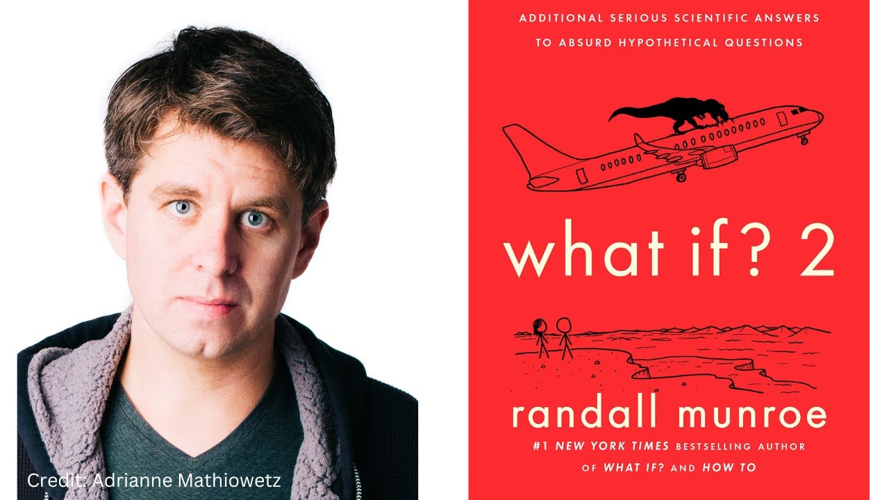 Author Randall Munroe and the cover of his book what if?