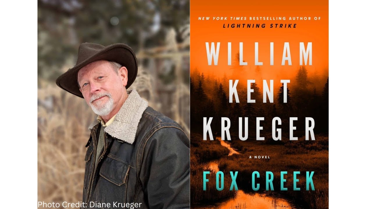 Author William Kent Krueger with the cover of his book Fox Creek 