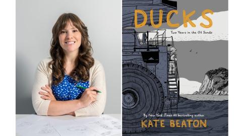 Author Kate Beaton with the cover of her book Ducks: Two Years in the Oil Sands 