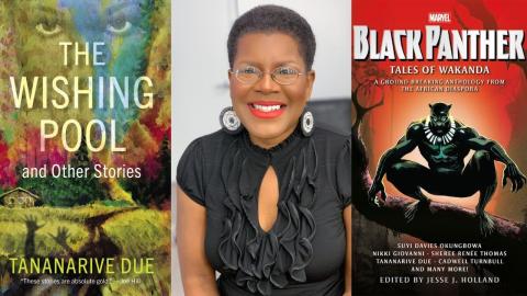 Author Tananarive Due with the covers of her works The Wishing Pool and Other Stories and Black Panther Tales of Wakanda 