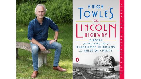 Amor Towles with the cover of his book: The Lincoln Highway 