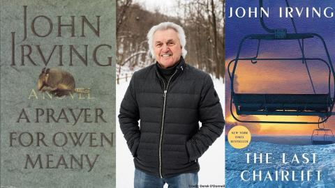 John Irving with the covers of his books: A Prayer for Owen Meany and The Last Chairlift 