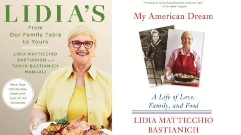 Lidia Bastianich on the cover of her books: Lidia's From Our Family Table to Yours and My American Dream 