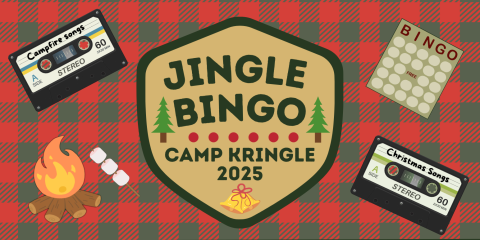 Jingle Bingo Eefnt banner with red and green plain, campfire, smores, cassette tapes, and a bingo card