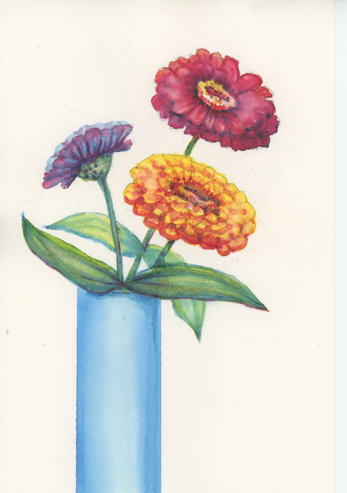 Watercolor Zinnias in a blue vase